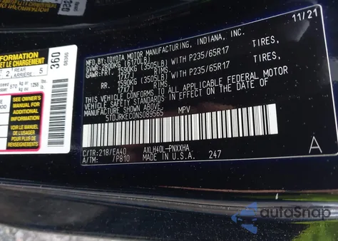 2022 Toyota Sienna Xle z USA, uszkodzony, nr VIN 5TDJRKEC0NS089565
